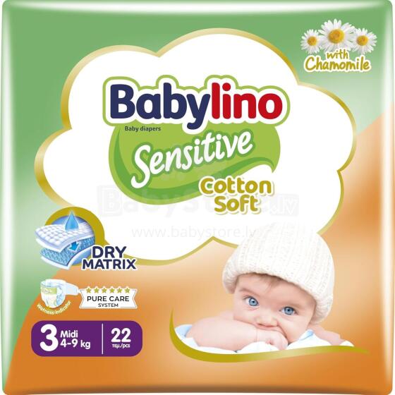 Babylino Sensitive Baby Nappies Size 3 Art.041564876 подгузники с экологичным хлопком 4-9 kг 22 шт.