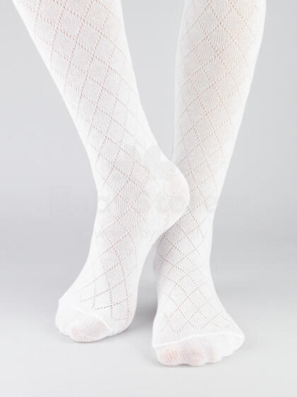 NOVITI RB010-G-01 Cotton jacquard tights, rhombus pattern, white 128/134