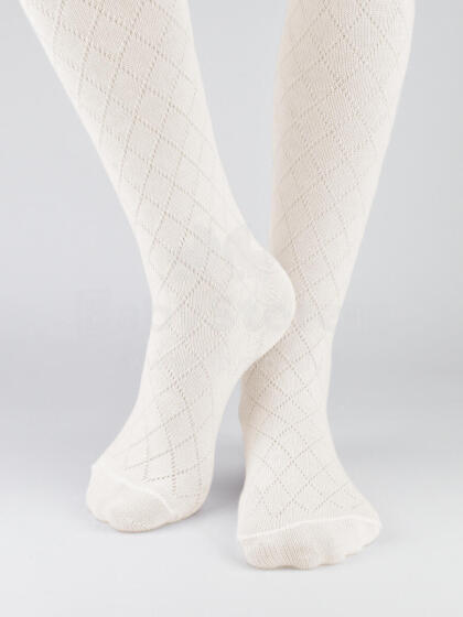 NOVITI RB010-G-02 Cotton jacquard tights, rhombus pattern, ecru 116/122