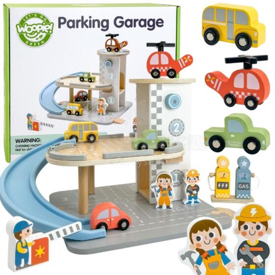 WOOPIE GREEN Puit Multi-Tasandiline Parkla 2-in-1 Kütusejaam Autode ja Figuuridega 12 tk. FSC