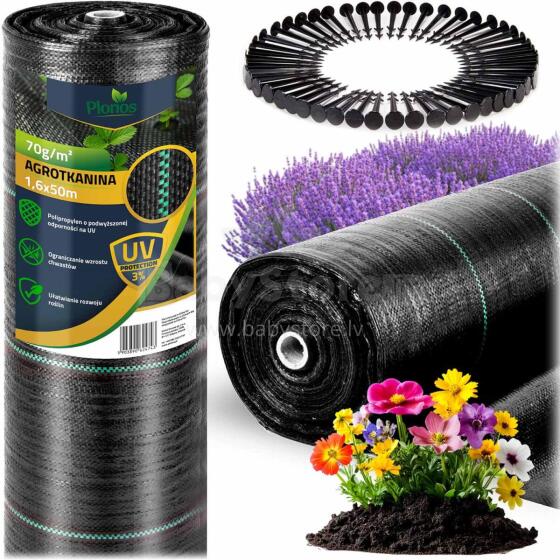 Aed agro kangas 1,6 m x 50 m 70 g/m2 + 50 tükki Plonos - must