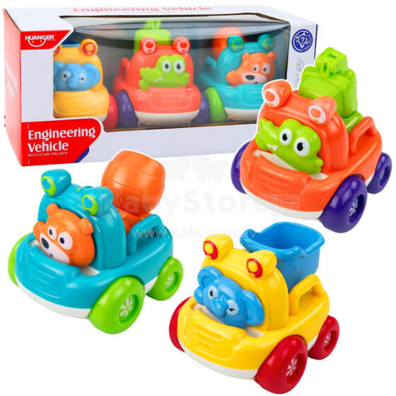 Ehitusautode komplekt loomadega väikelastele, värviline 3 tk.