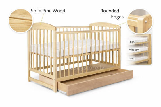 La Bebe™ Kids Wood Cot Sosna Art.279425 Natural  laste puidust võrevoodi sahtliga 120x60 cm