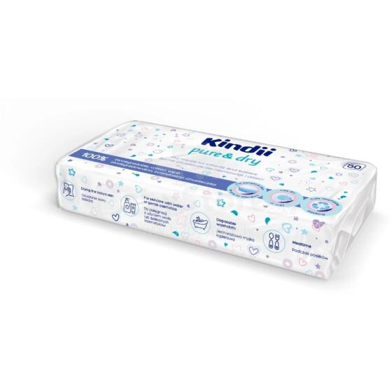Beebidele m&otilde;eldud kuivlapid Kindii Pure&amp;amp;Dry 50 tk 20x20cm