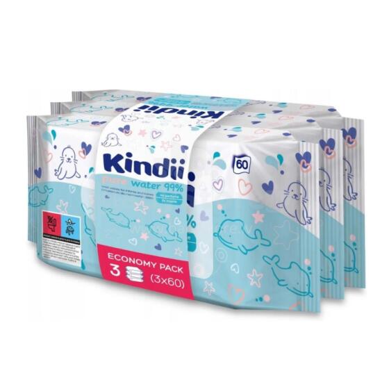 Niisked salvr&auml;tikud beebidele Kindii Pure Water 99% 3x60 tk.