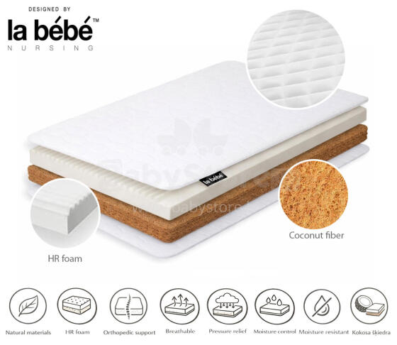 La Bebe™ Natural coconut fiber and PPU foam mattress for bed 120×60×9 cm (6 cm coconut + 2 cm PPU foam)