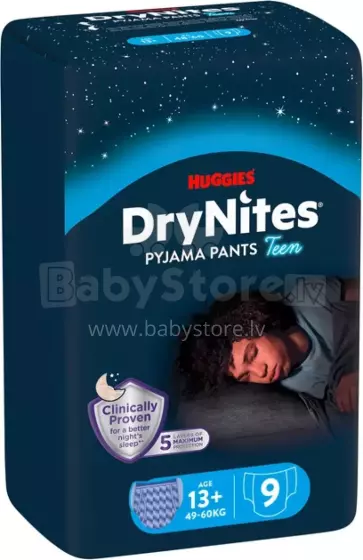 Huggies Dry Nites Boy Art.290791 Mähepüksid poistele vanuses 13+ aastat, 48-60 kg, 9 tk.