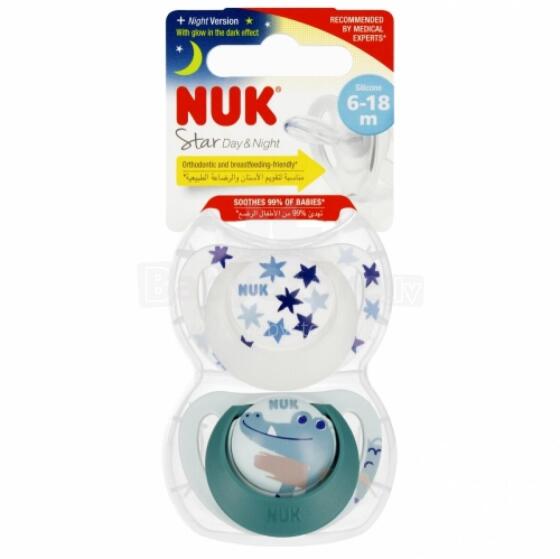 NUK 736727 Rahustav lutipudeli 2 tk 6-18k Star D&N roheline/valge