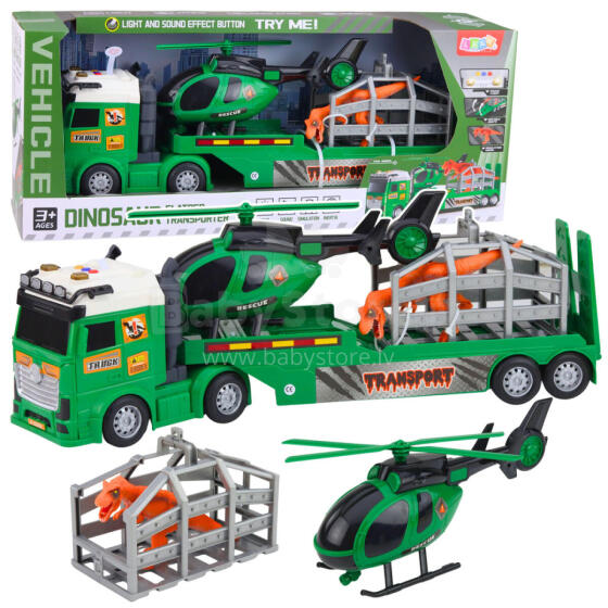 Dinosaur Transport Set: Truck, Tow Truck, Helicopter, Lights, Sound
