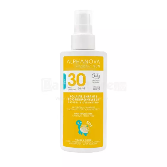Alphanova Sun Art.296445  orgaaniline vanilje-aprikoosi lõhnaline veekindel mineraalne päikesekreem lastele SPF30, 125 ml