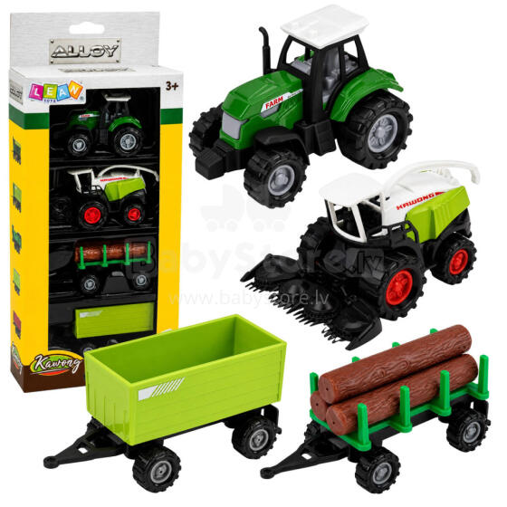 Põllumajandussõidukite komplekt Traktor, Heina niiduk, Puitveok 1:68 4 tk.