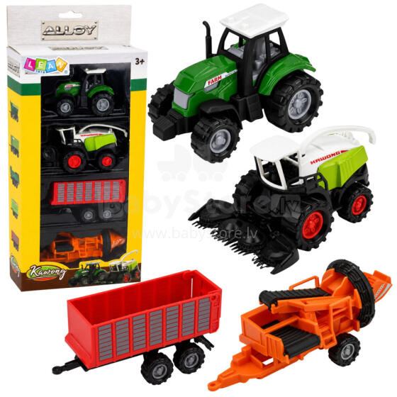 Põllumajandussõidukite komplekt Traktor, Heina niiduk, Veoauto, Press 1:68 4 tk.