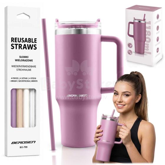 Vacuum thermos mug with straw set 1180 ml Berdsen pink