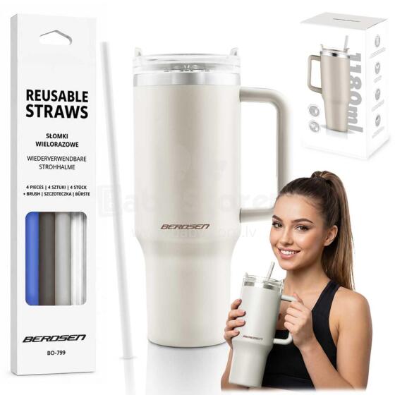 Vacuum thermos mug with straw set 1180 ml Berdsen cream