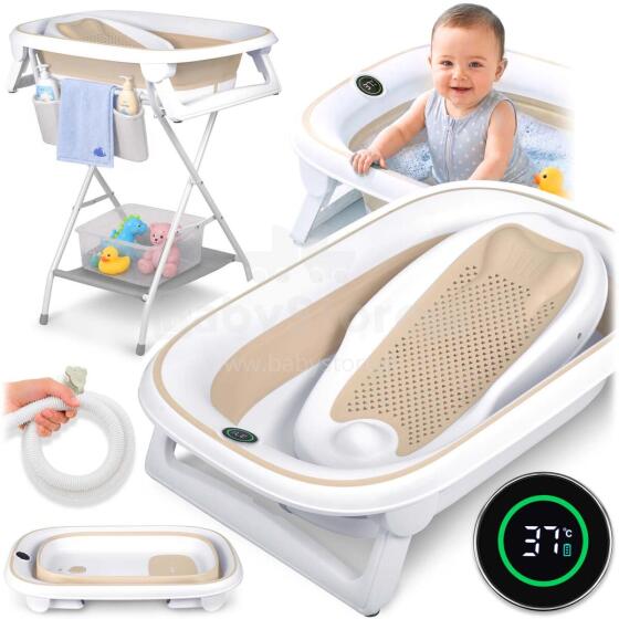 Foldable bathtub with a frame for children, infants with a thermometer and Nukido NK-279 insert in white-beige