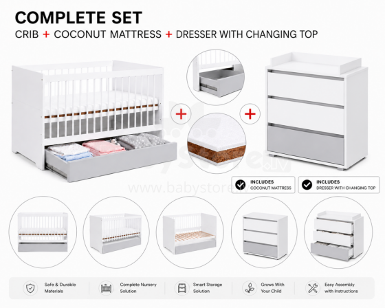 Klups Dalia Set Art.299160 White/Grey Puidust beebivoodi (120x60 cm) ilma pesukastita + kookoskiust madrats (120x60x8 cm)+kummut