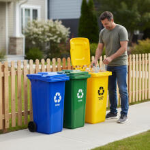 Set of 5 Trash Bins Containers 5x120L Blue Green Yellow Black Brown Paper Glass Plastic Mixed Waste BIO with Rubber Wheels
