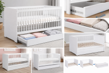 Klups Dalia Set Art.299158 White/Grey Wooden baby crib (120x60 cm) with a storage drawer + coconut fiber mattress (120x60x8 cm)